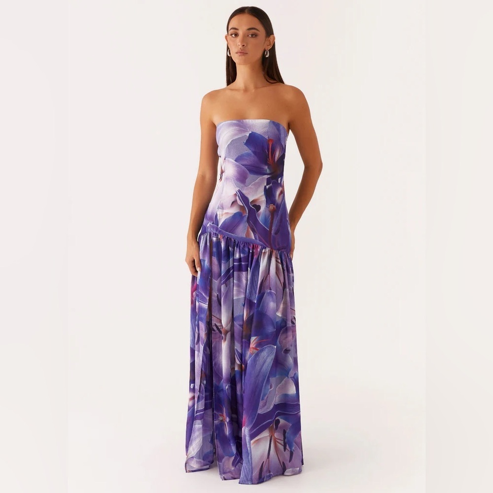NWT Peppermayo Eden Strapless Basque Waist Maxi Dress Gown Purple White Lilly